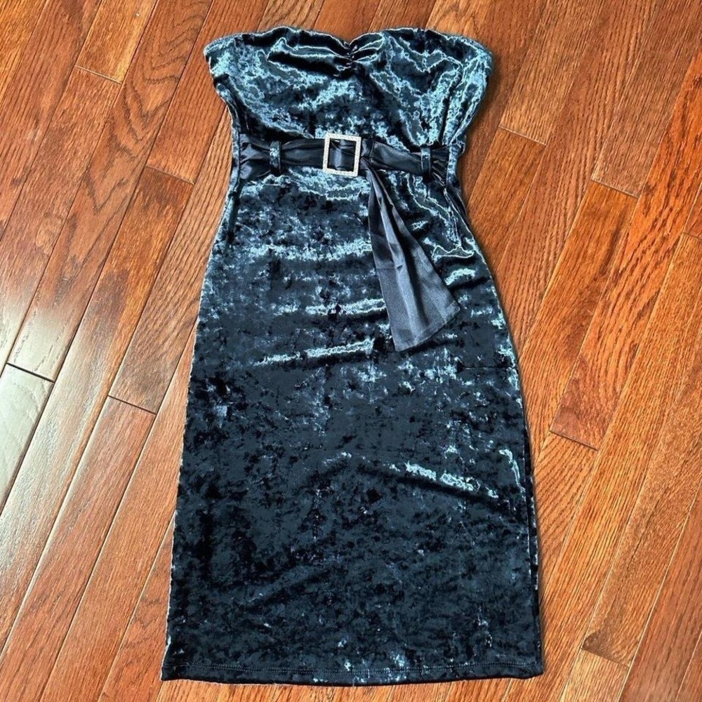 Y2K 2000s Guess Strapless Sexy Belted Blue Velour Silver Cocktail Mini Dress